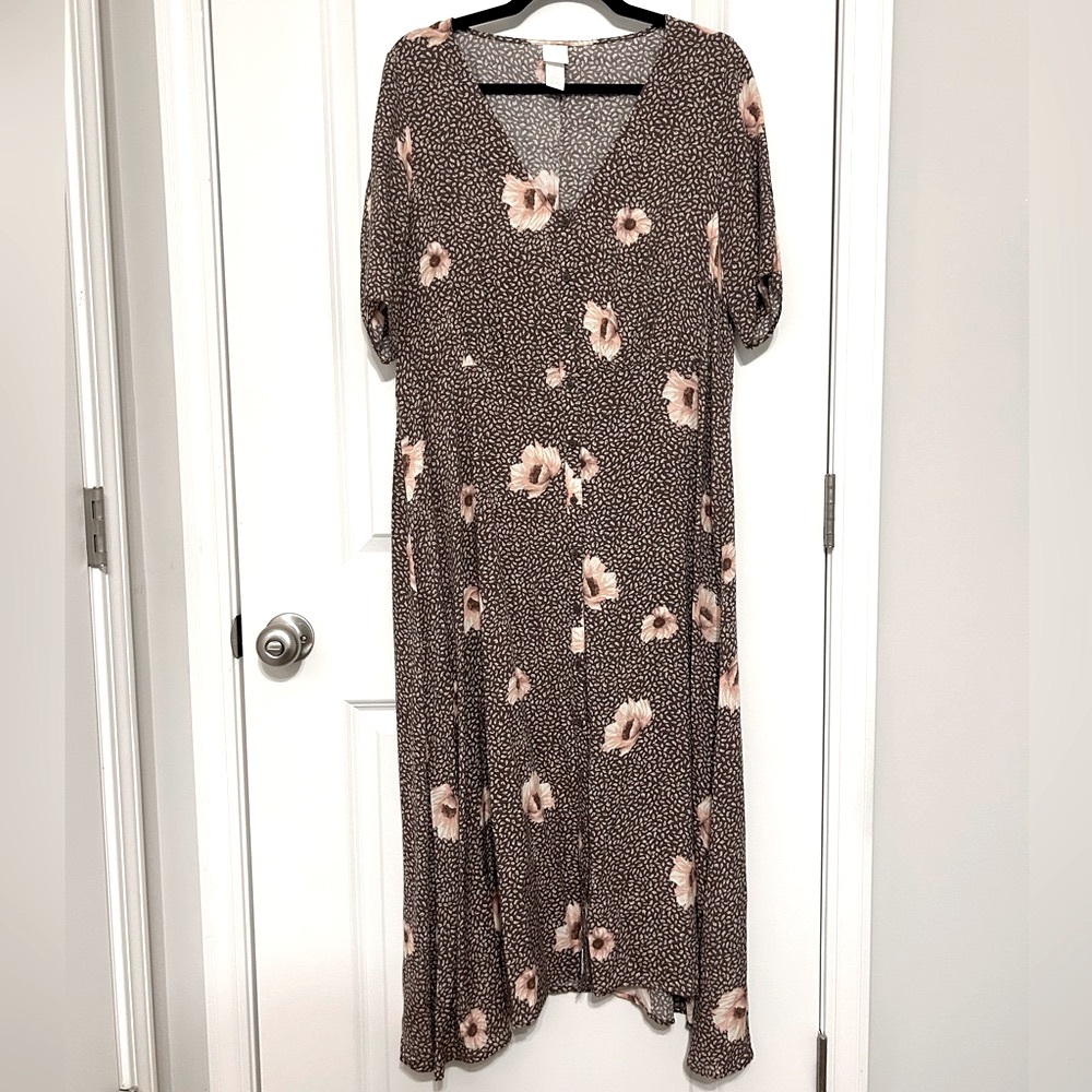 H&M Brown Maxi Dress with Pink Floral Print